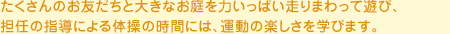 たくさんのお友だちと大きなお庭を力いっぱい走りまわって遊び、担任の指導による体操の時間には、運動の楽しさを学びます。